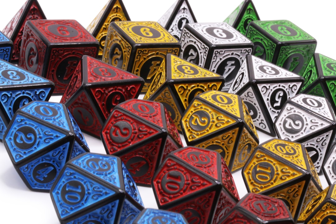 A group photo of colorful DnD dice used for tabletop roleplaying games.